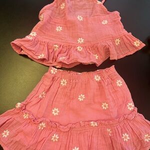 Pink Daisy Embroidered Kids Matching Set - Two-Piece Top and Skirt